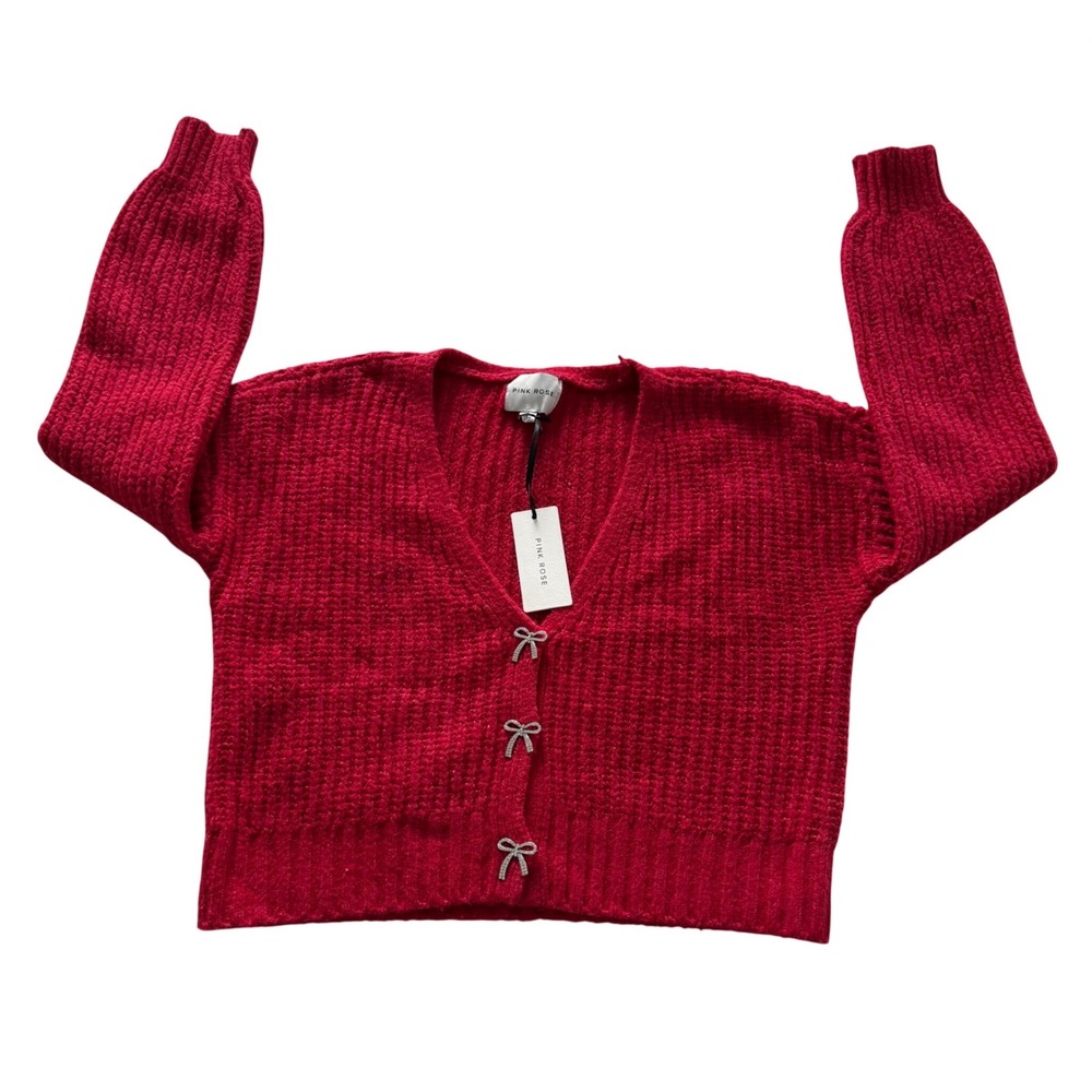 Pink Rose Cherry Red Bow Button Cardigan Sweater Crop Knit Womens Small‎ NWT